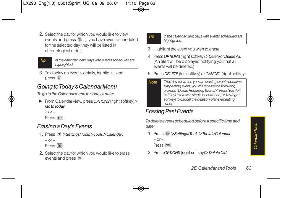 Going to today’s calendar menu, Erasing a day’s events, Erasing past events | LG LGLX290 User Manual | Page 75 / 141