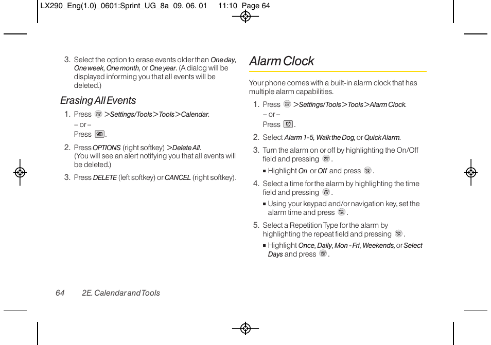 Alarm clock, Erasing all events | LG LGLX290 User Manual | Page 76 / 141