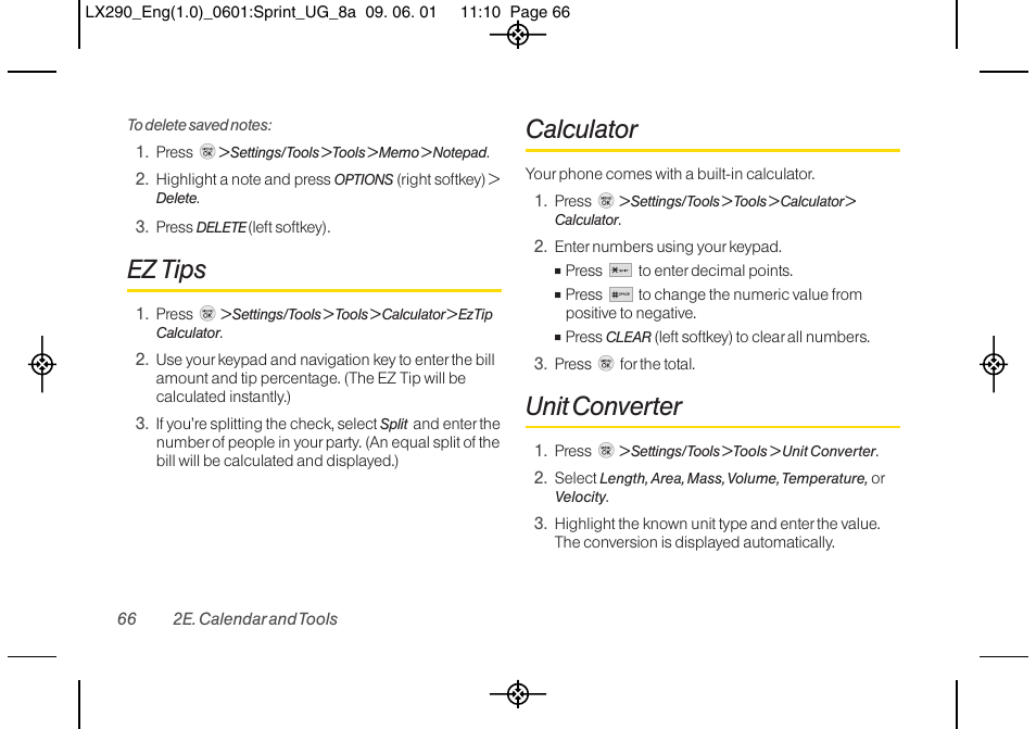 Ez tips, Calculator, Unit converter | LG LGLX290 User Manual | Page 78 / 141