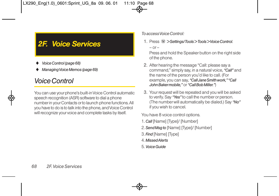 2f. voice services, Voice control | LG LGLX290 User Manual | Page 80 / 141