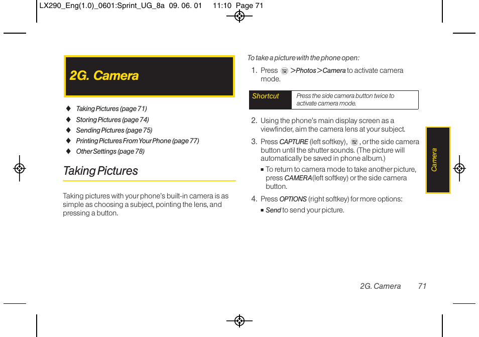2g. camera, Taking pictures | LG LGLX290 User Manual | Page 83 / 141