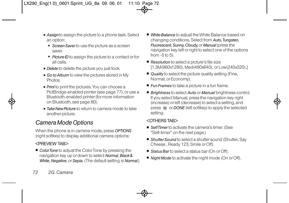 Camera mode options | LG LGLX290 User Manual | Page 84 / 141