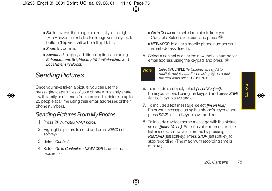 Sending pictures, Sending pictures from my photos | LG LGLX290 User Manual | Page 87 / 141