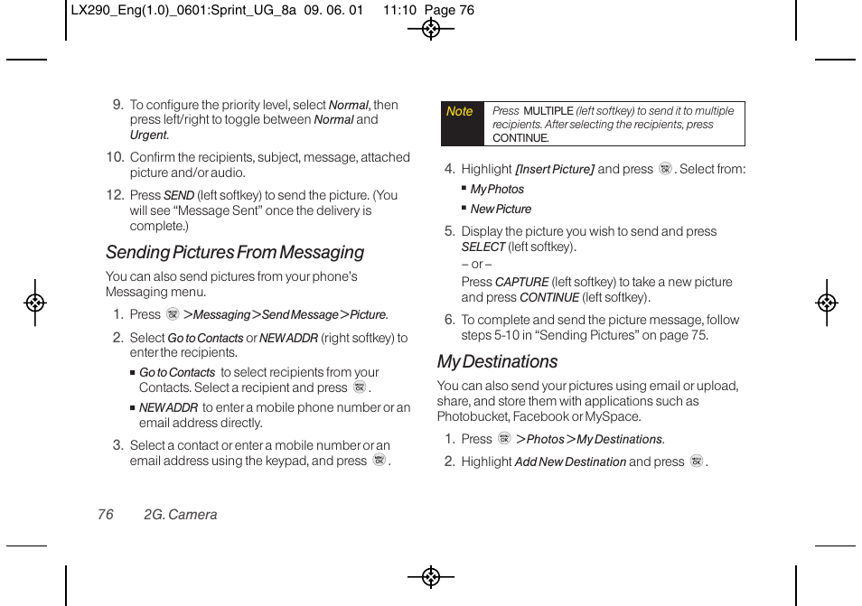 Sending pictures from messaging, My destinations | LG LGLX290 User Manual | Page 88 / 141
