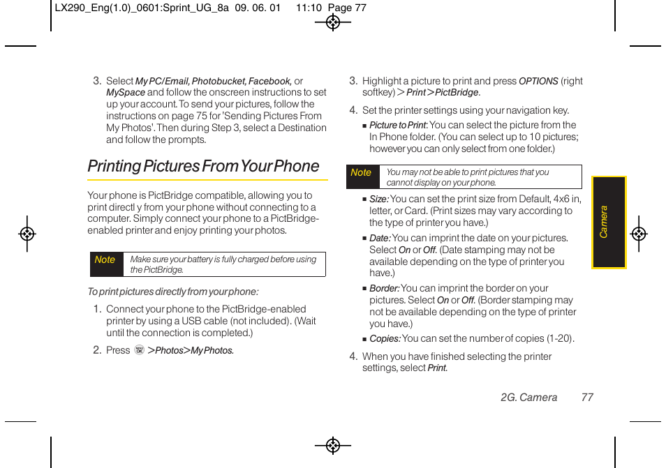 Printing pictures from your phone | LG LGLX290 User Manual | Page 89 / 141