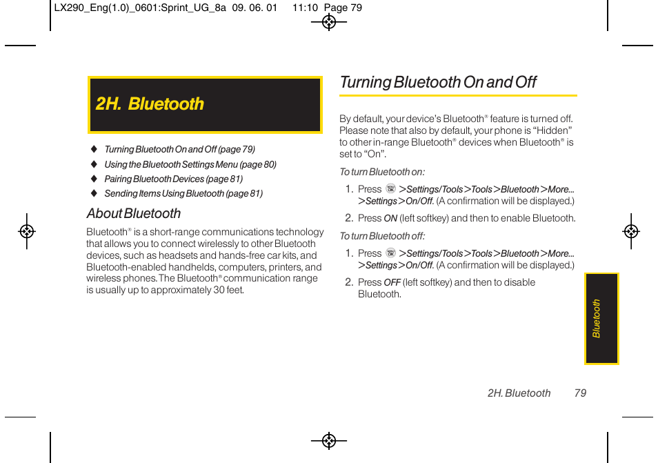 2h. bluetooth, Turning bluetooth on and off, About bluetooth | LG LGLX290 User Manual | Page 91 / 141