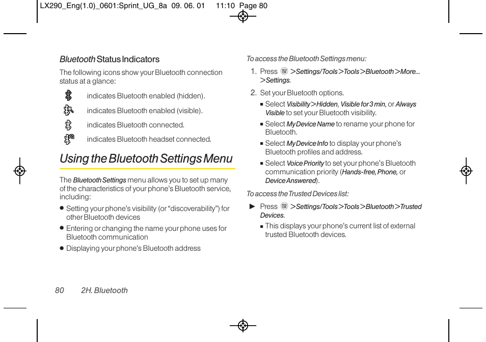 Using the bluetooth settings menu | LG LGLX290 User Manual | Page 92 / 141