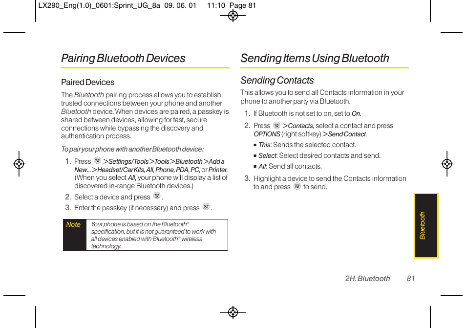 Pairing bluetooth devices, Sending items using bluetooth, Sending contacts | LG LGLX290 User Manual | Page 93 / 141