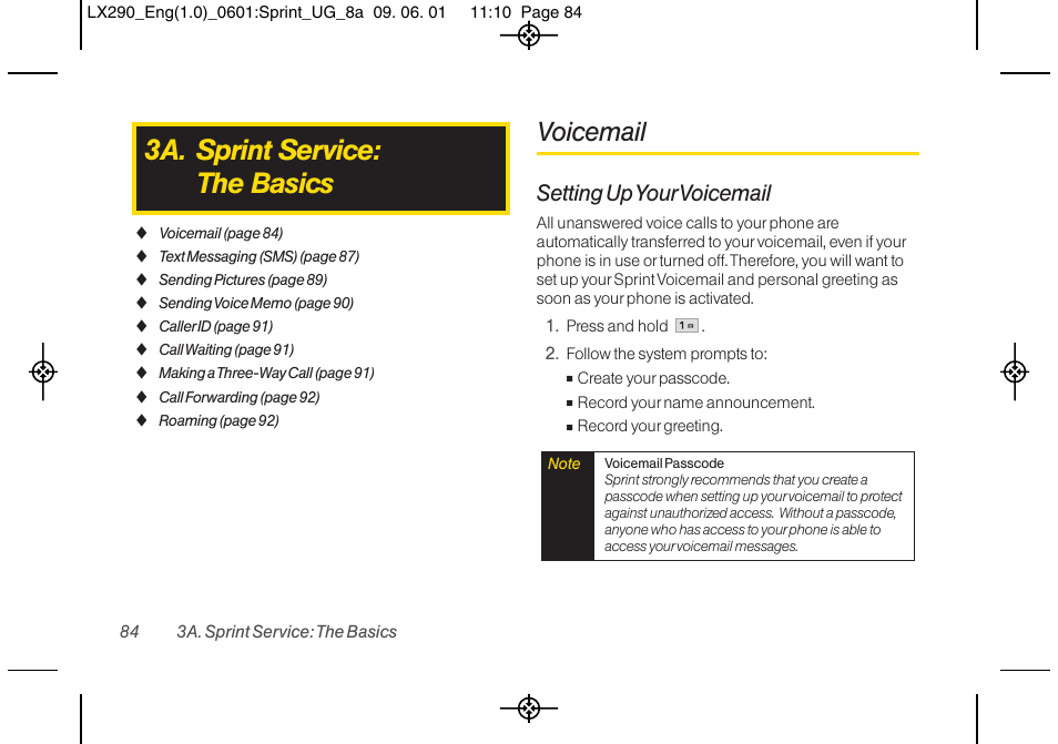 3a. sprint service: the basics, Voicemail, Setting up your voicemail | LG LGLX290 User Manual | Page 96 / 141