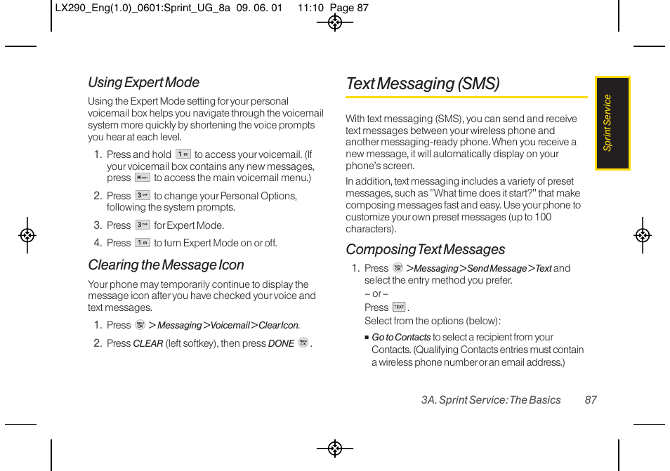 Text messaging (sms), Using expert mode, Clearing the message icon | Composing text messages | LG LGLX290 User Manual | Page 99 / 141
