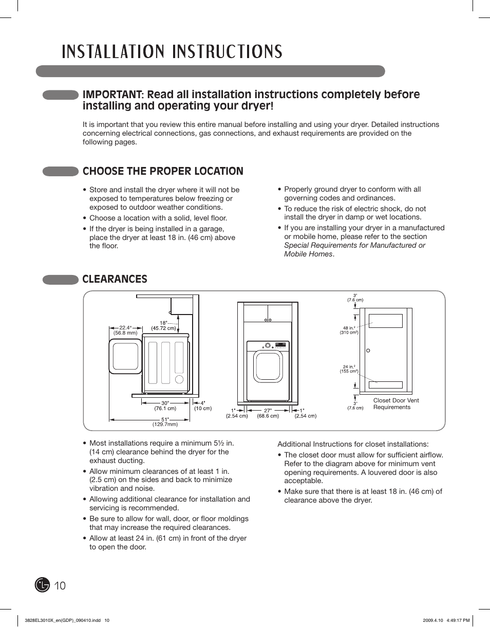 Choose the proper location, Clearances | LG DLG2602R User Manual | Page 10 / 128