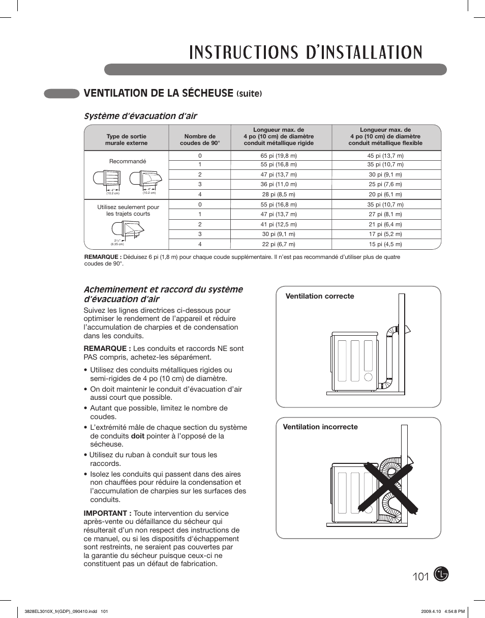 Ventilation de la sécheuse, Système d’évacuation d’air, Suite) | LG DLG2602R User Manual | Page 101 / 128