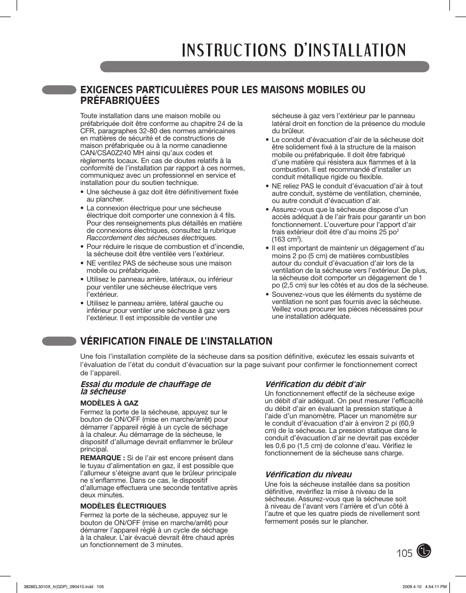 Vérification finale de l’installation | LG DLG2602R User Manual | Page 105 / 128
