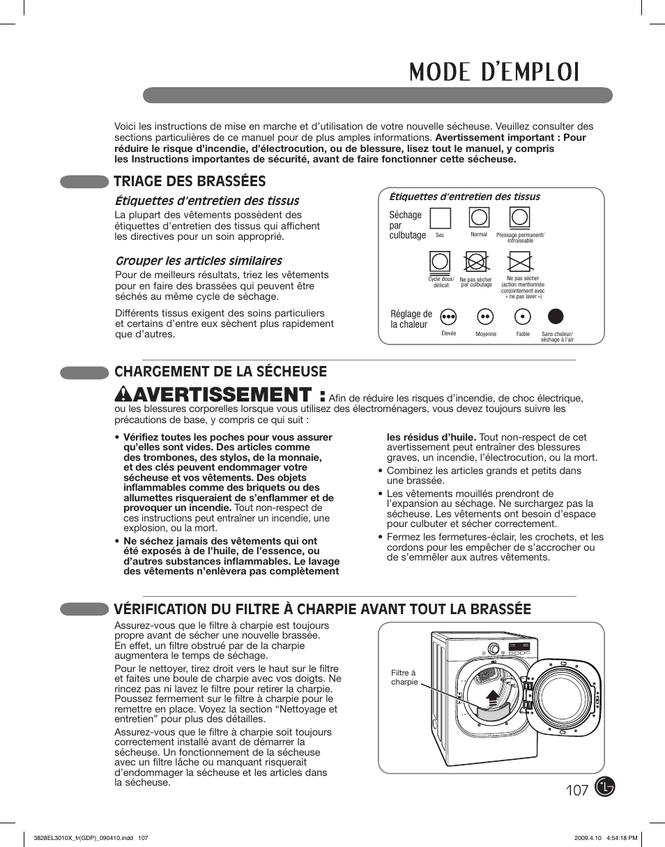 Wavertissement, Chargement de la sécheuse, Triage des brassées | LG DLG2602R User Manual | Page 107 / 128