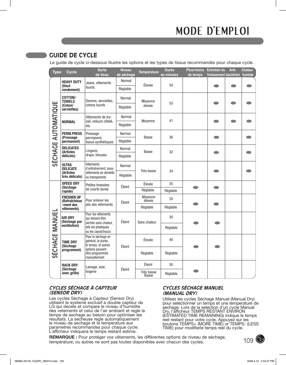 Séchage automa tique séchage manuel, Guide de cycle | LG DLG2602R User Manual | Page 109 / 128