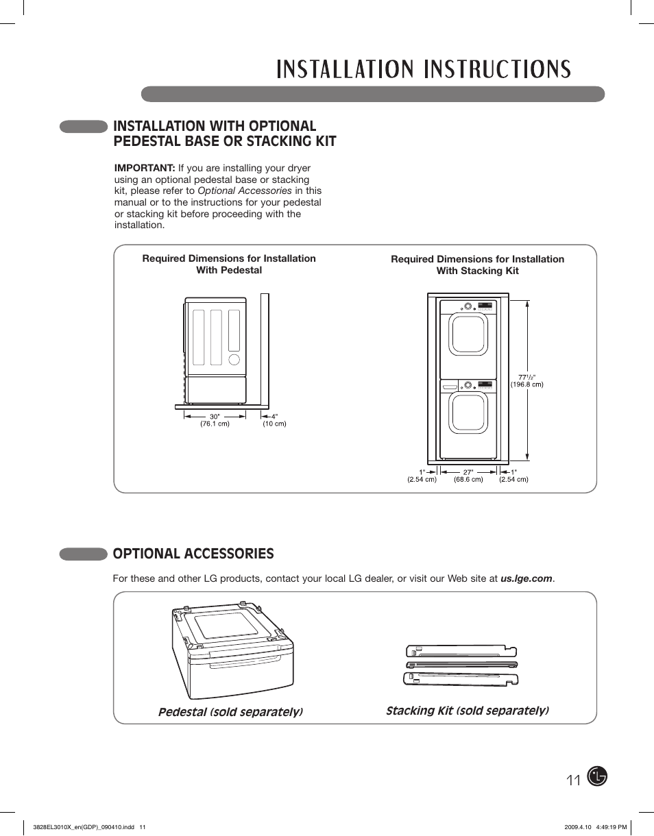 Optional accessories | LG DLG2602R User Manual | Page 11 / 128