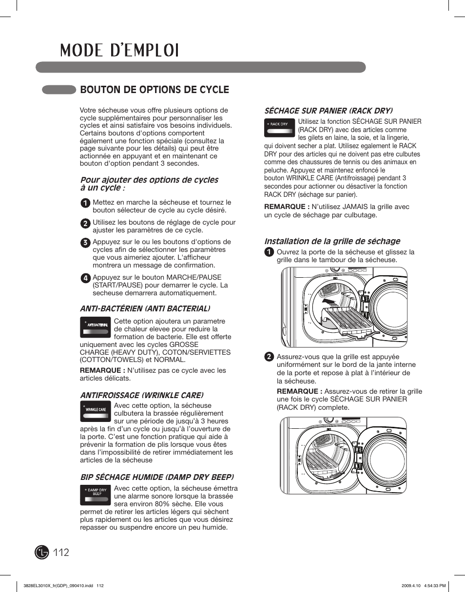 Bouton de options de cycle | LG DLG2602R User Manual | Page 112 / 128