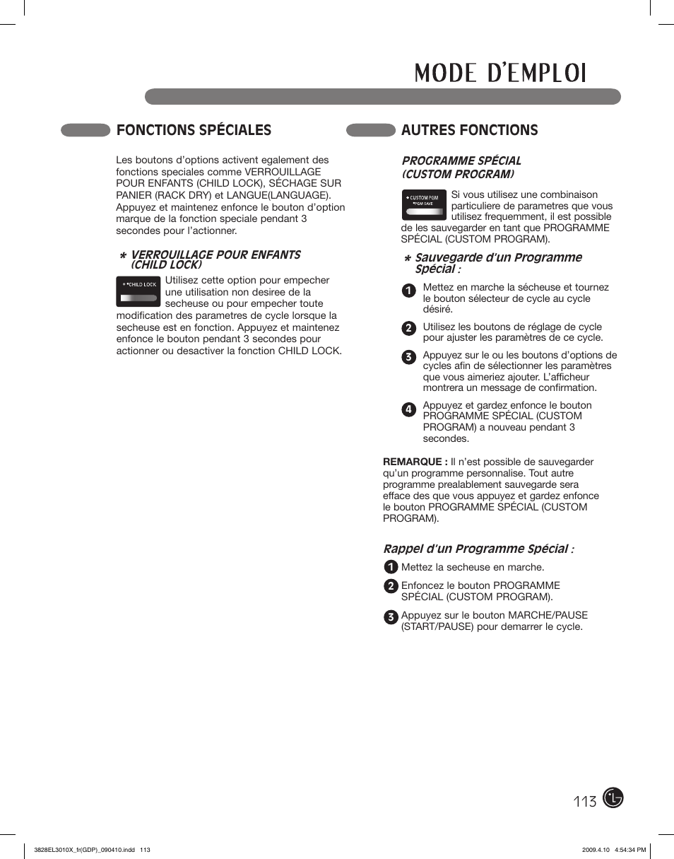 Fonctions spéciales, Autres fonctions | LG DLG2602R User Manual | Page 113 / 128