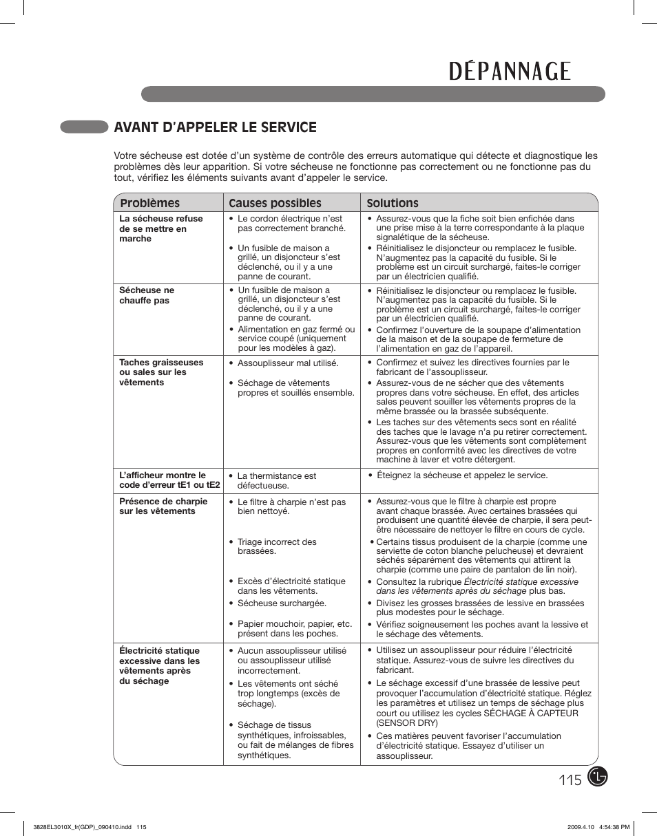 Avant d’appeler le service | LG DLG2602R User Manual | Page 115 / 128
