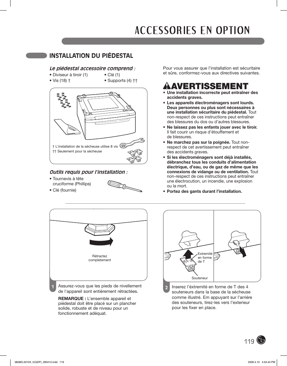 Wavertissement, Installation du piédestal | LG DLG2602R User Manual | Page 119 / 128