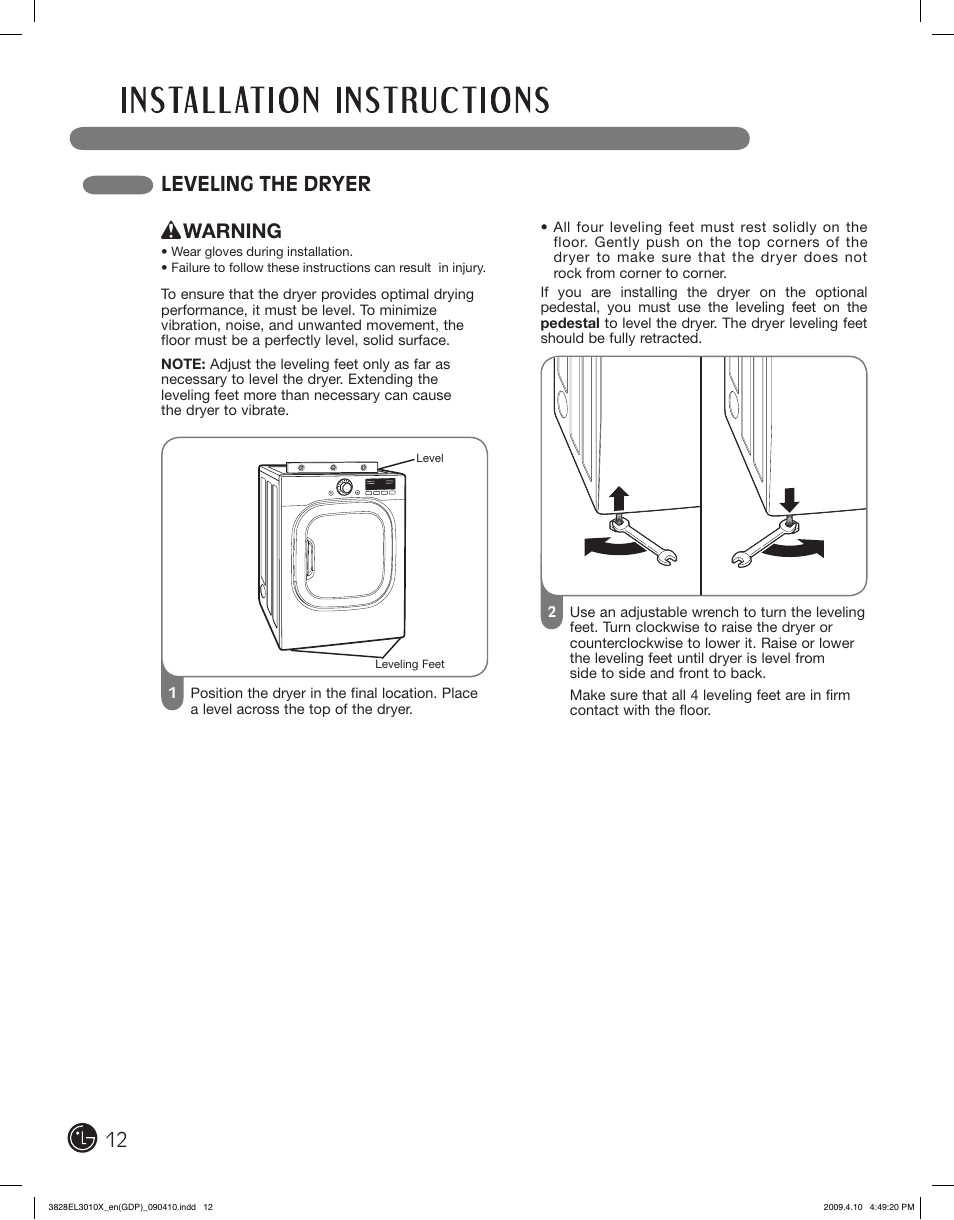 Leveling the dryer, Warning | LG DLG2602R User Manual | Page 12 / 128