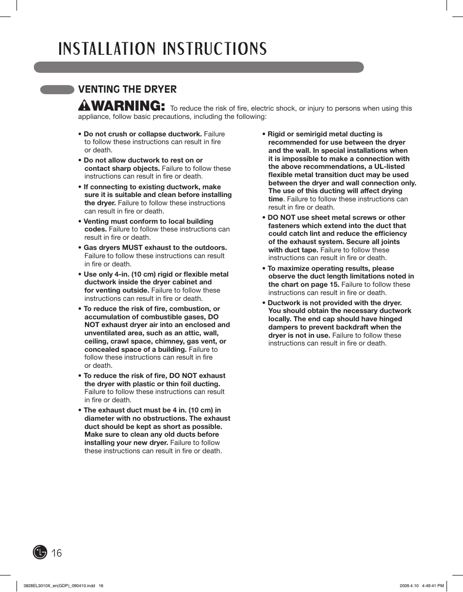 Wwarning, Venting the dryer | LG DLG2602R User Manual | Page 16 / 128