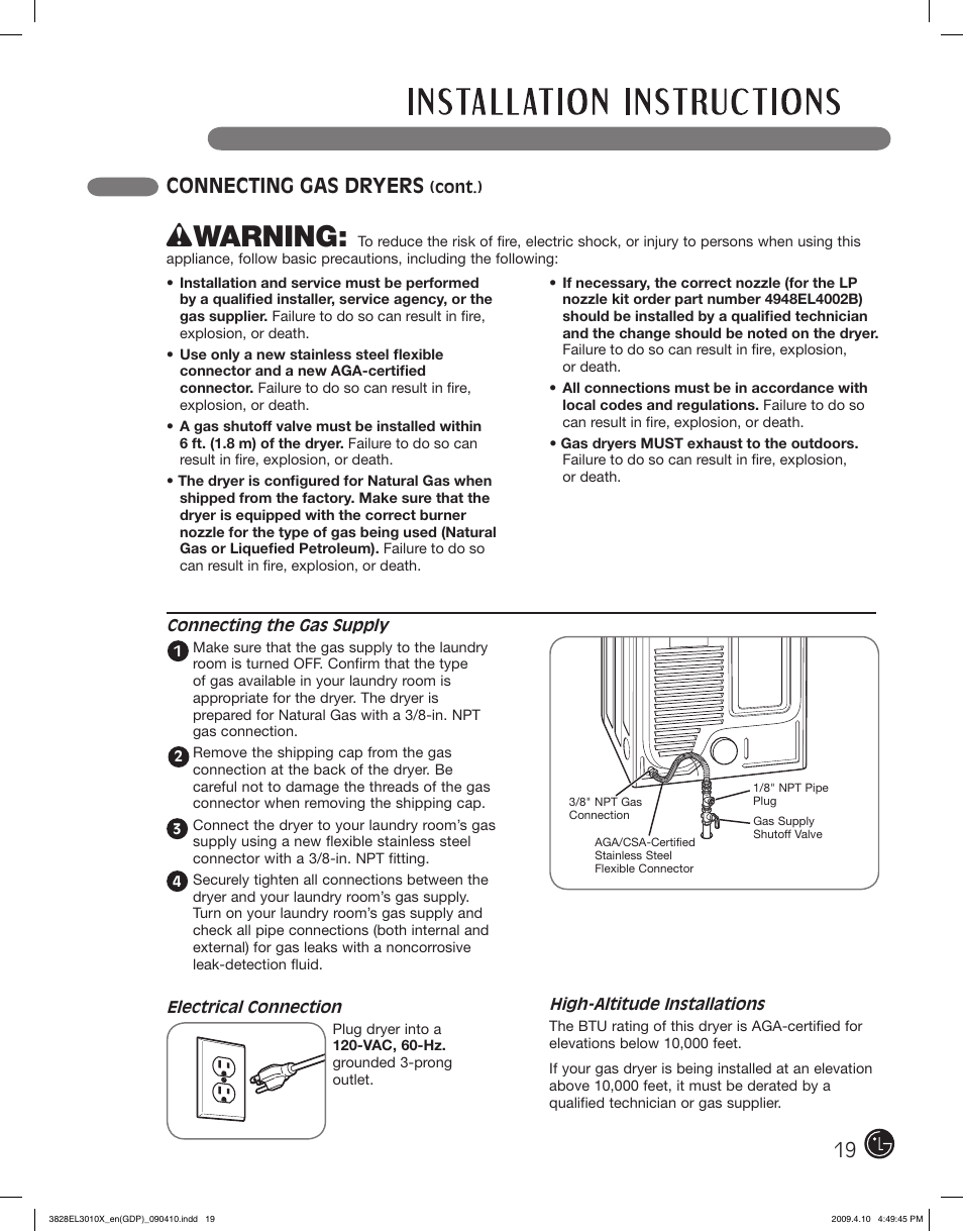 Wwarning, Connecting gas dryers | LG DLG2602R User Manual | Page 19 / 128