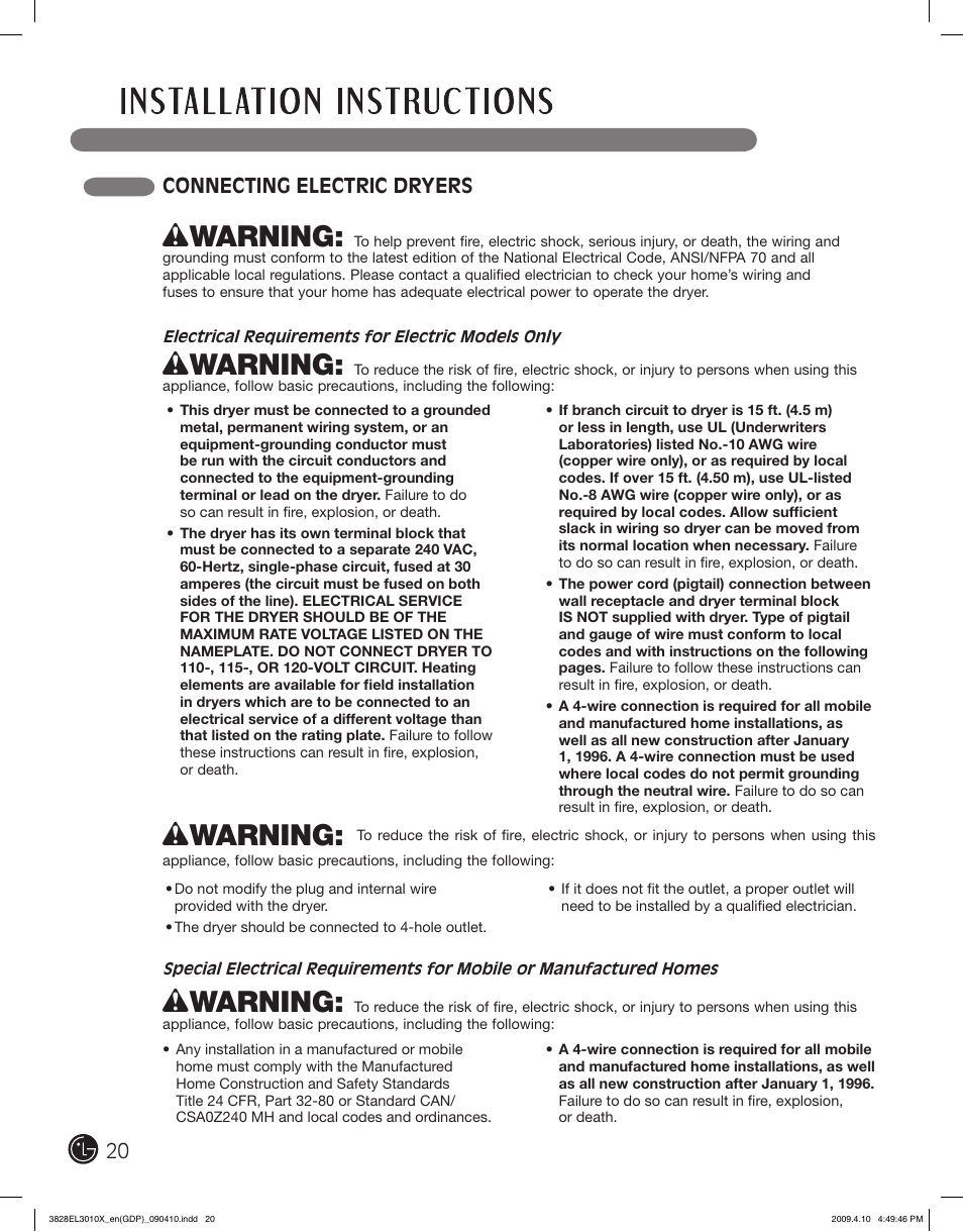 Wwarning, Connecting electric dryers | LG DLG2602R User Manual | Page 20 / 128