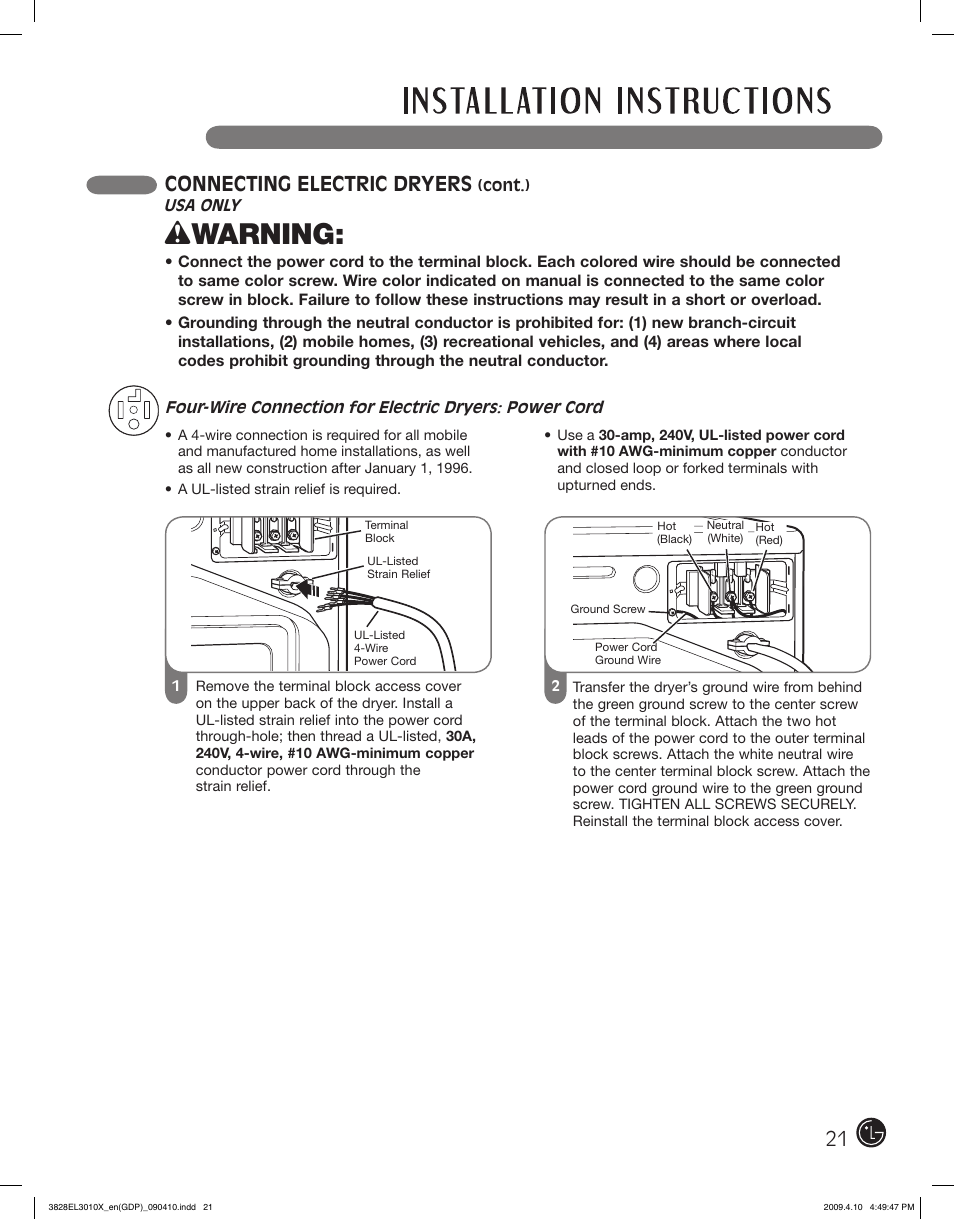 Wwarning, Connecting electric dryers | LG DLG2602R User Manual | Page 21 / 128