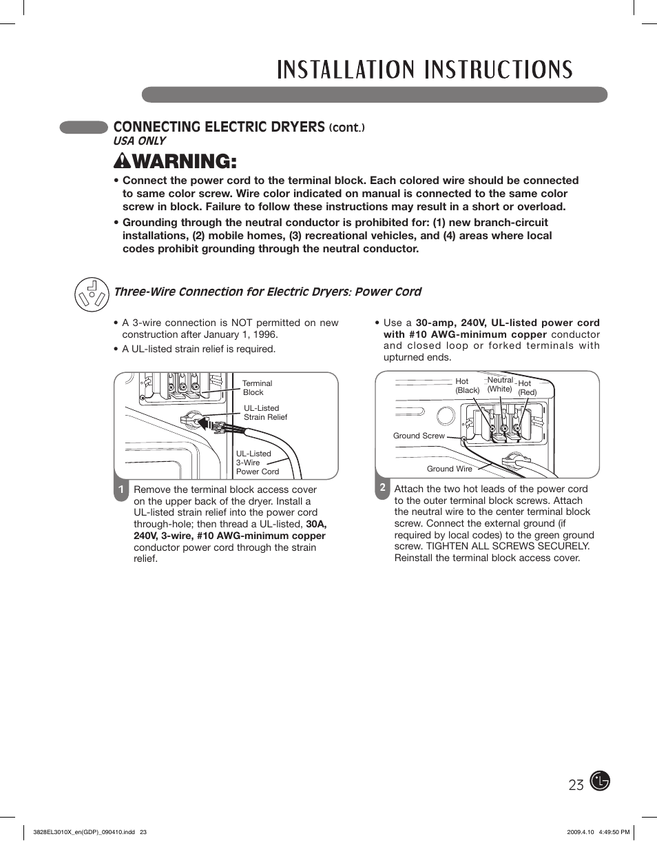 Wwarning, Connecting electric dryers | LG DLG2602R User Manual | Page 23 / 128