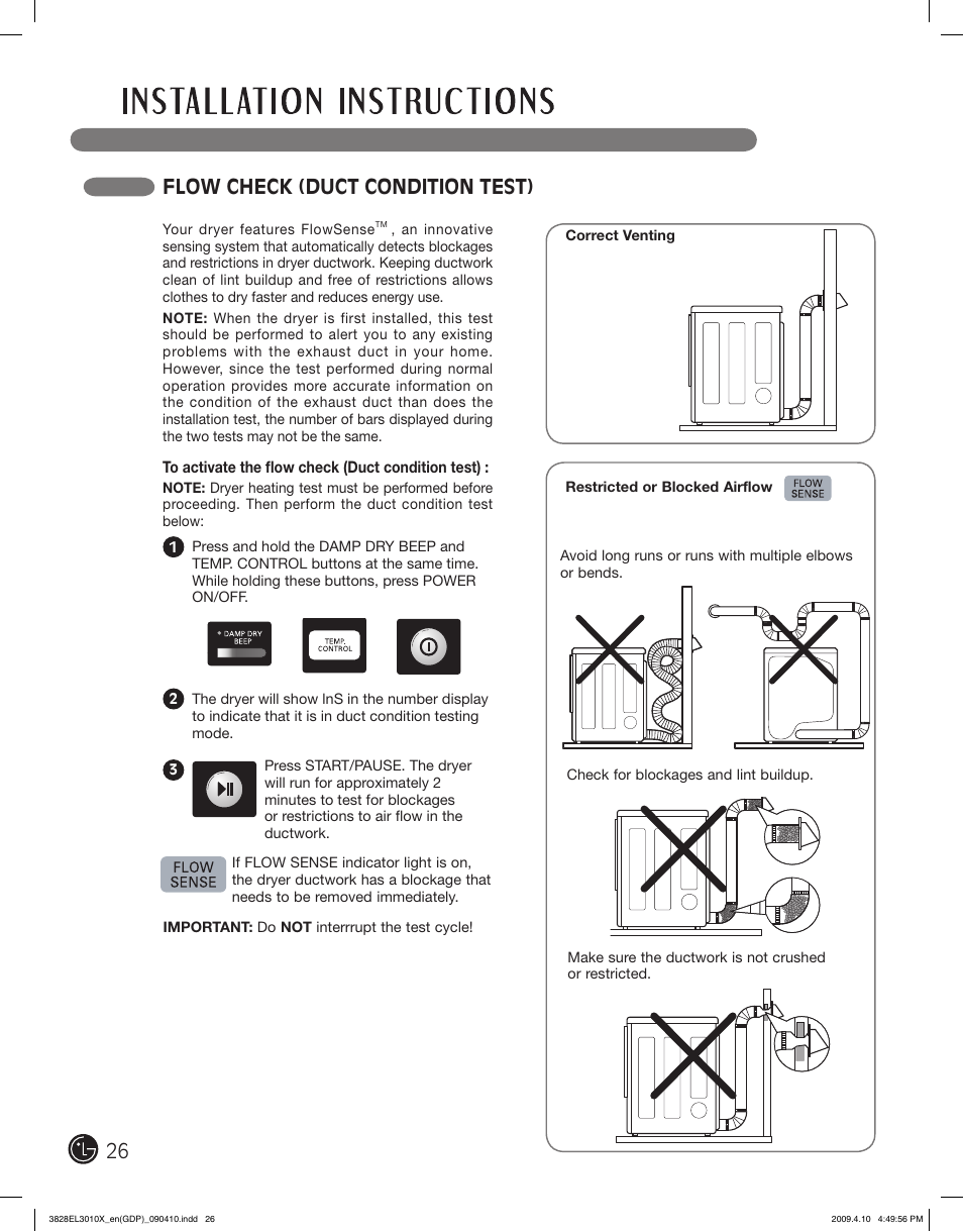 Flow check (duct condition test) | LG DLG2602R User Manual | Page 26 / 128