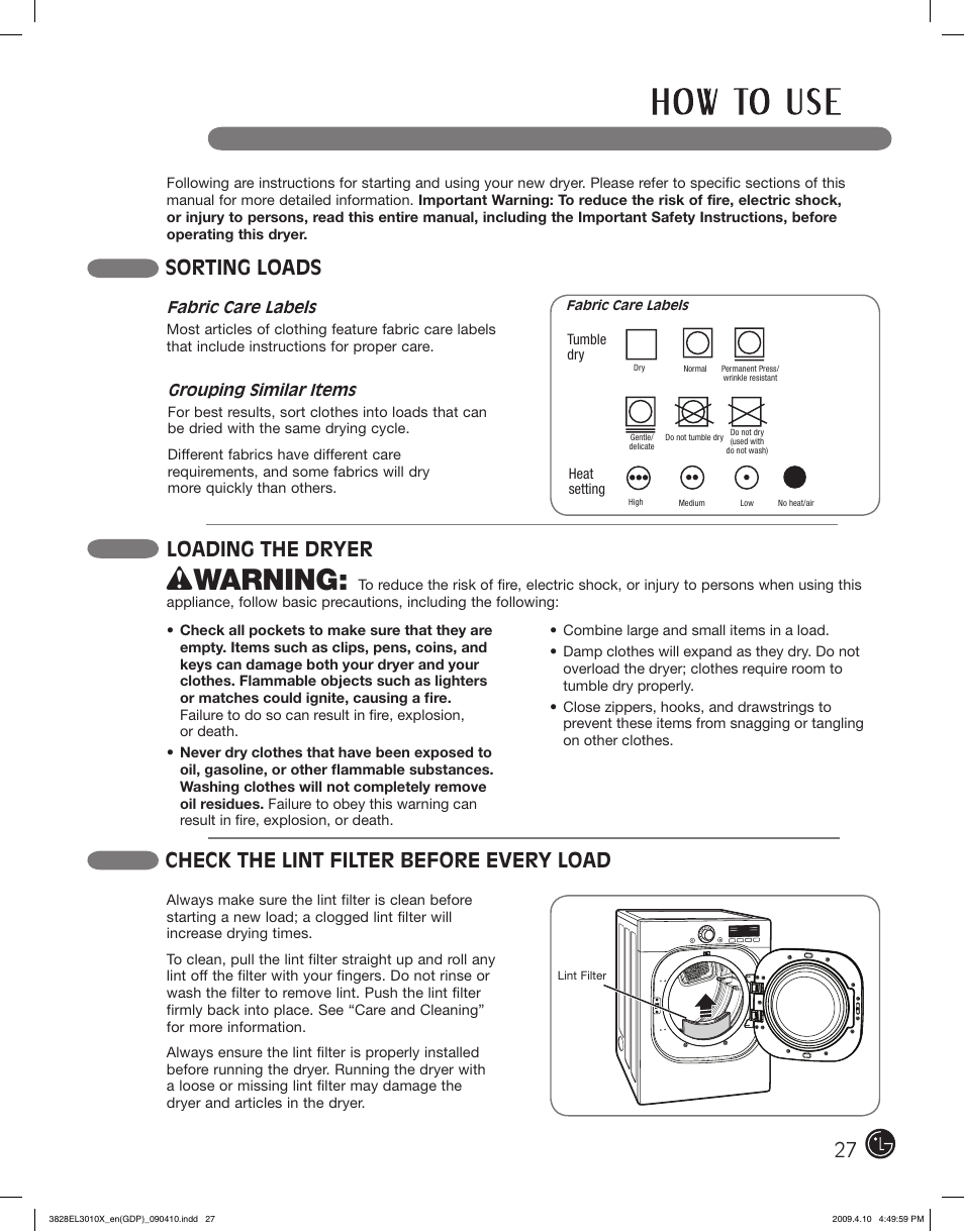 Wwarning, Sorting loads, Check the lint filter before every load | Loading the dryer | LG DLG2602R User Manual | Page 27 / 128
