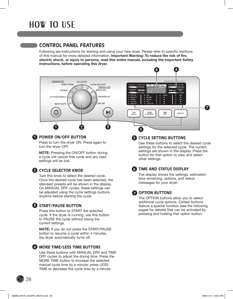 Control panel features | LG DLG2602R User Manual | Page 28 / 128