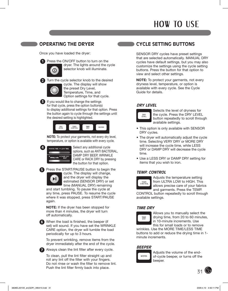 Cycle setting buttons, Operating the dryer | LG DLG2602R User Manual | Page 31 / 128