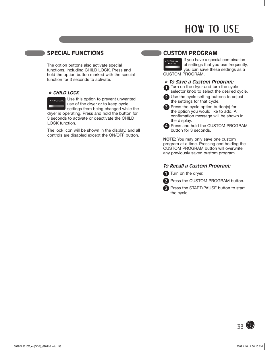 Special functions, Custom program | LG DLG2602R User Manual | Page 33 / 128