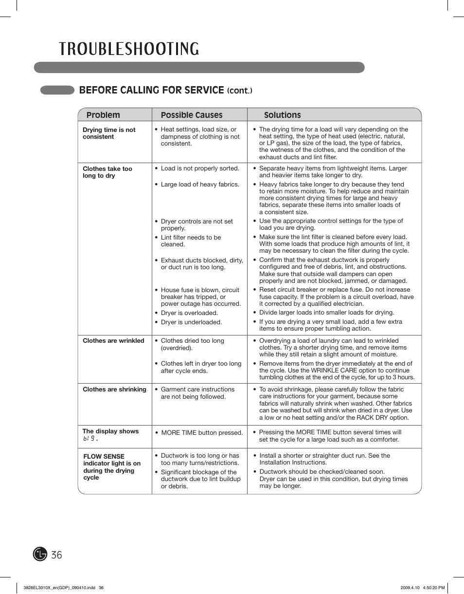 Before calling for service | LG DLG2602R User Manual | Page 36 / 128