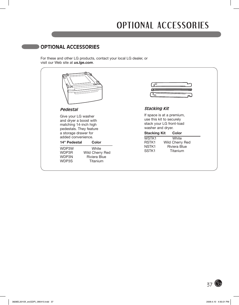 Optional accessories | LG DLG2602R User Manual | Page 37 / 128