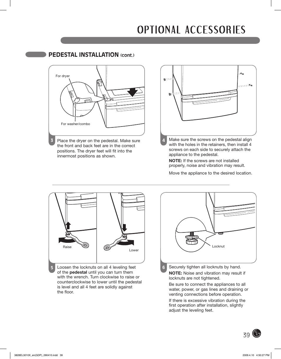 Pedestal installation | LG DLG2602R User Manual | Page 39 / 128