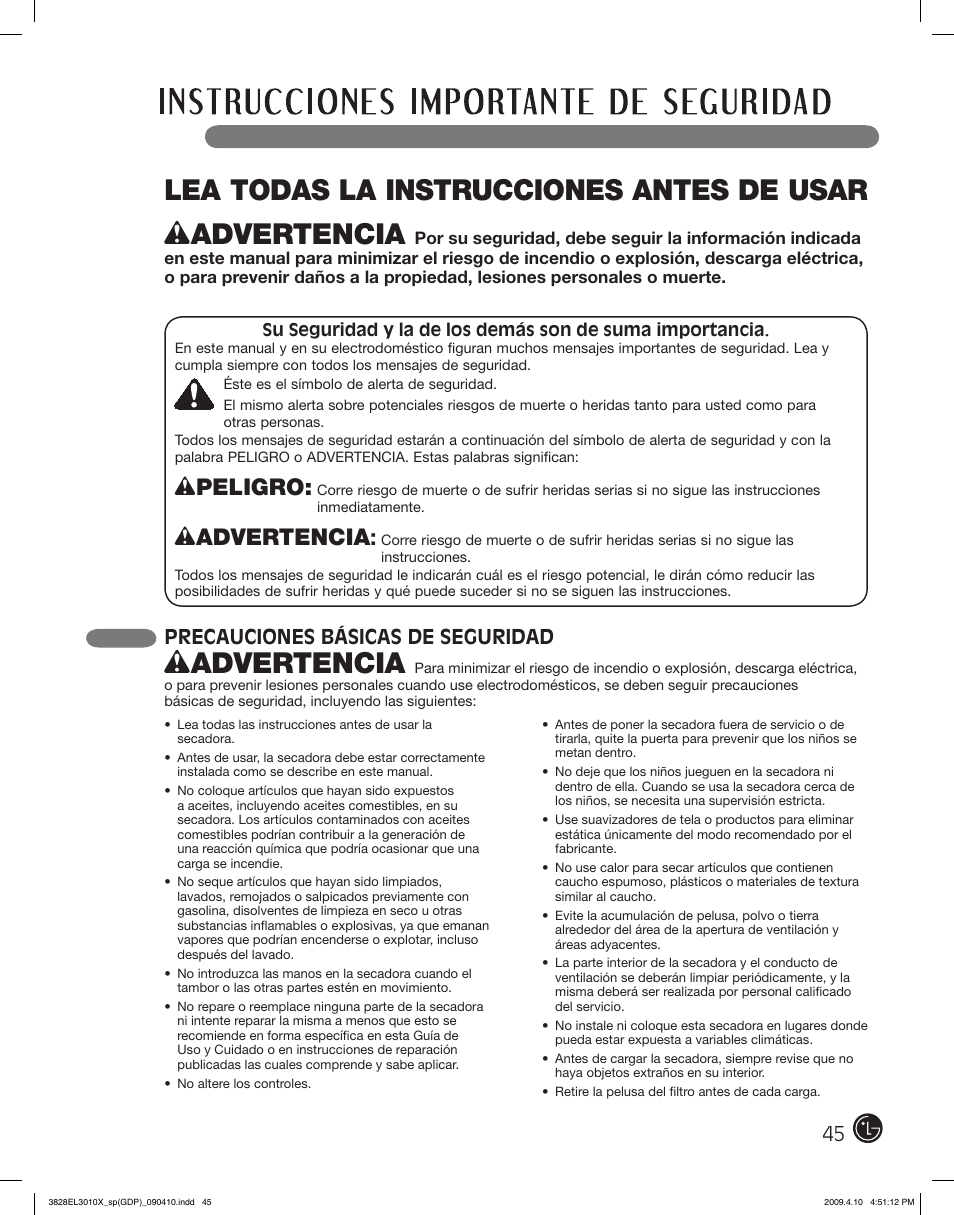 Lea todas la instrucciones antes de usar, Wpeligro, Wadvertencia | Precauciones básicas de seguridad | LG DLG2602R User Manual | Page 45 / 128