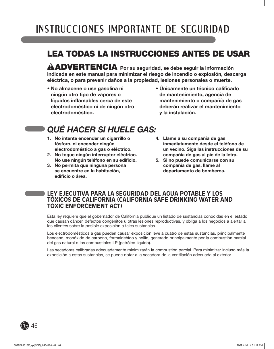 Qué hacer si huele gas | LG DLG2602R User Manual | Page 46 / 128