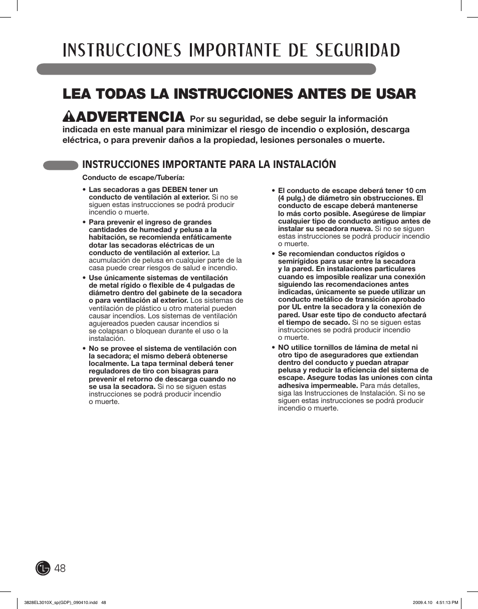 Instrucciones importante para la instalación | LG DLG2602R User Manual | Page 48 / 128