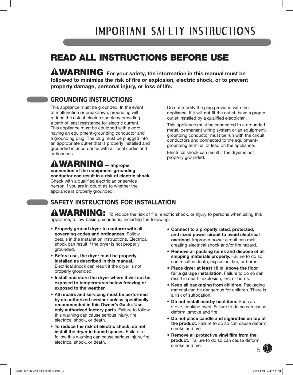 Wwarning, Read all instructions before use, Grounding instructions | Safety instructions for installation | LG DLG2602R User Manual | Page 5 / 128