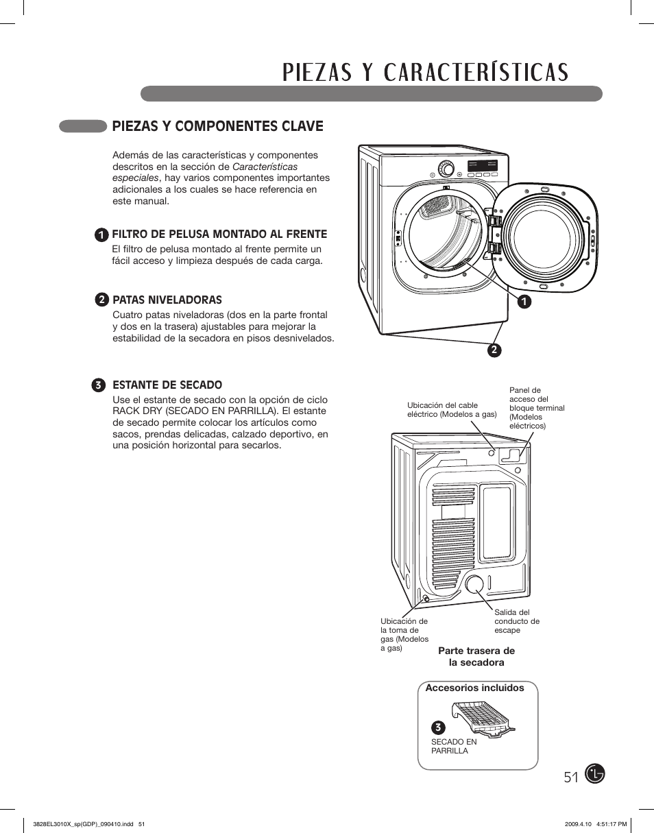 Piezas y componentes clave | LG DLG2602R User Manual | Page 51 / 128