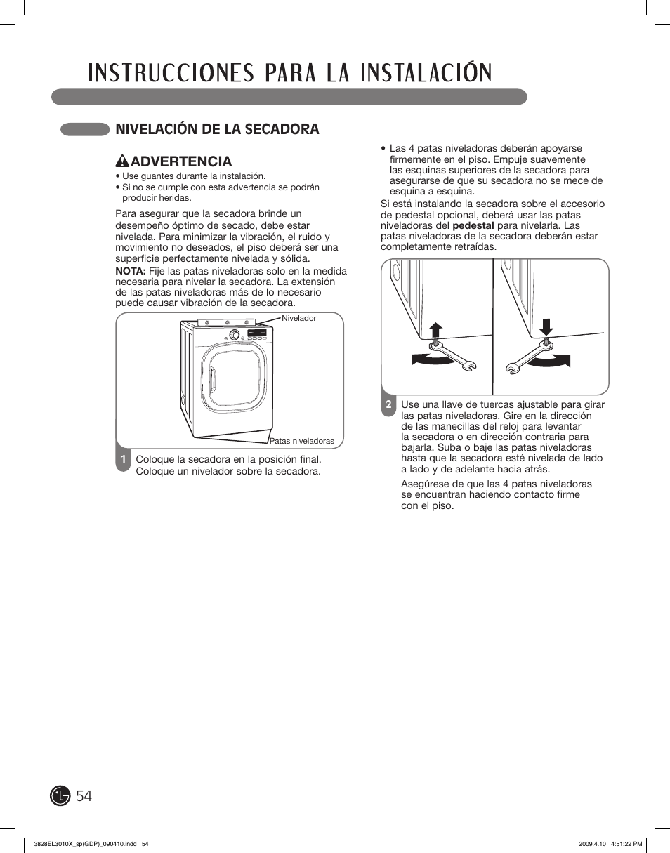 Nivelación de la secadora, Advertencia | LG DLG2602R User Manual | Page 54 / 128