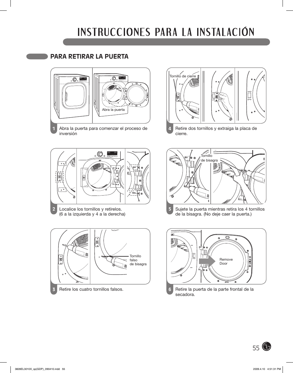 Para retirar la puerta | LG DLG2602R User Manual | Page 55 / 128