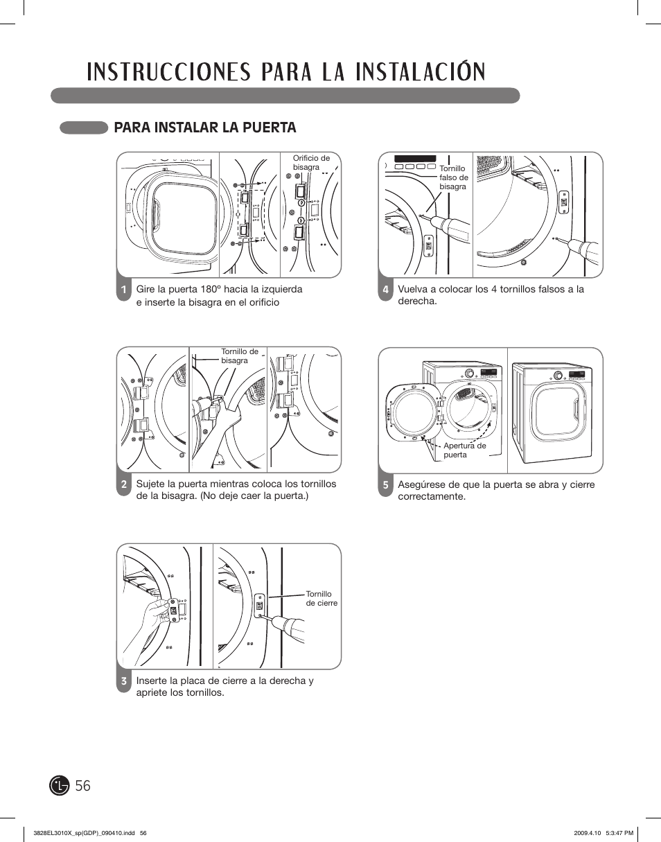 Para instalar la puerta | LG DLG2602R User Manual | Page 56 / 128