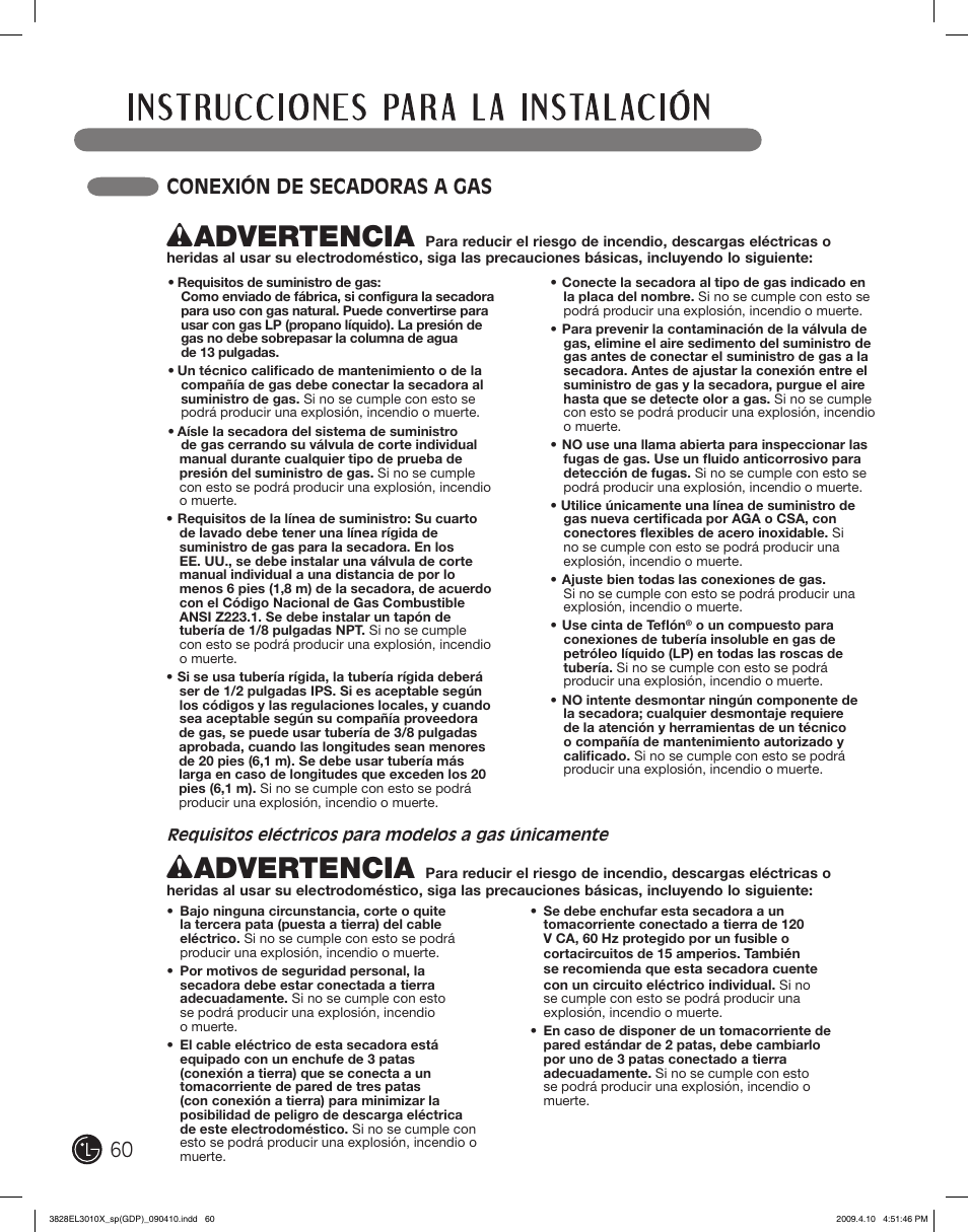 Wadvertencia, 60 conexión de secadoras a gas | LG DLG2602R User Manual | Page 60 / 128