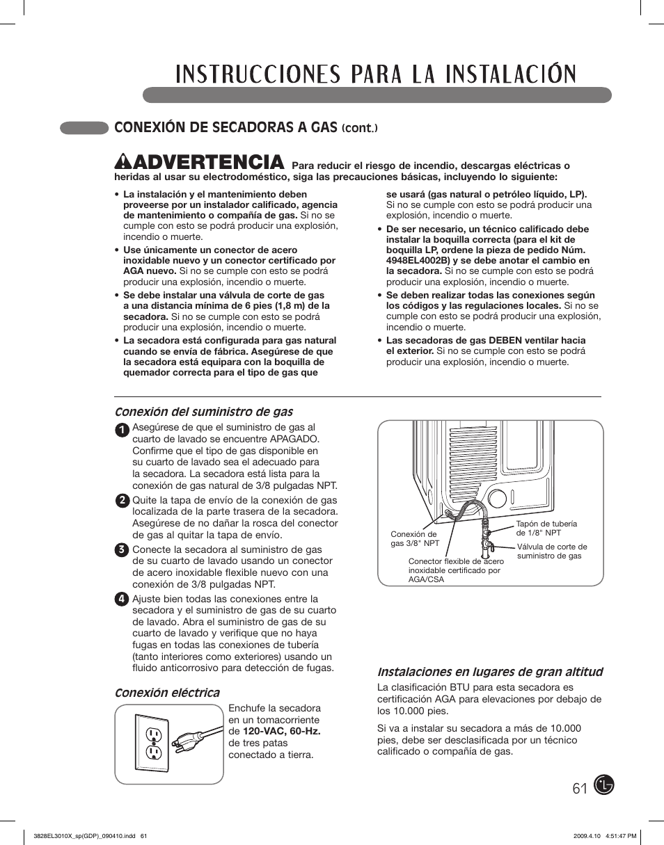 Wadvertencia, Conexión de secadoras a gas | LG DLG2602R User Manual | Page 61 / 128