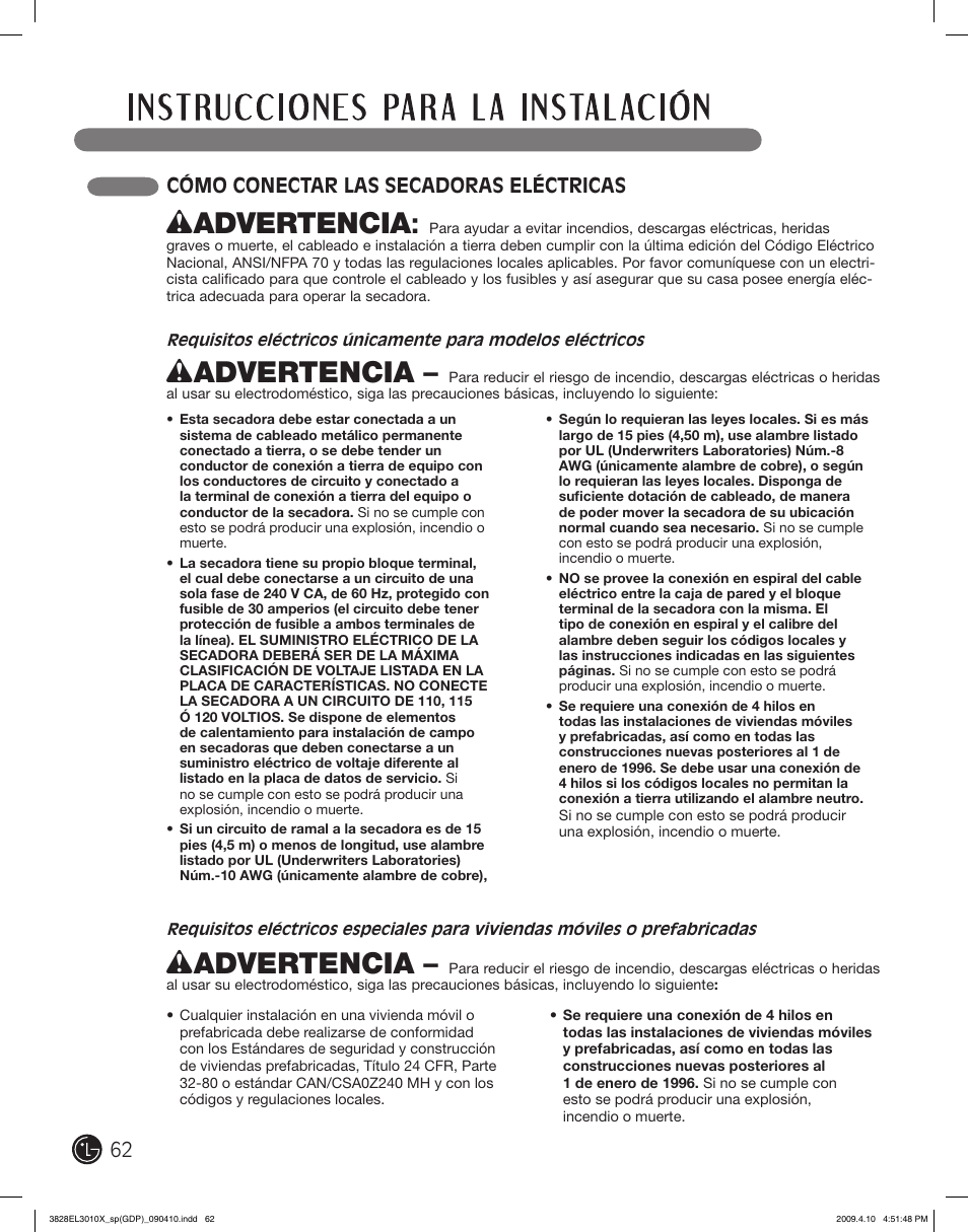 Wadvertencia, Cómo conectar las secadoras eléctricas | LG DLG2602R User Manual | Page 62 / 128