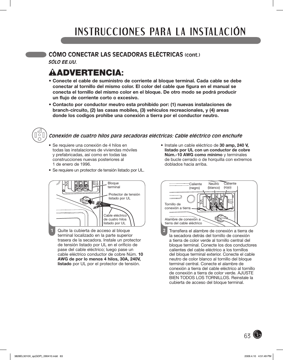 Wadvertencia, Cómo conectar las secadoras eléctricas | LG DLG2602R User Manual | Page 63 / 128